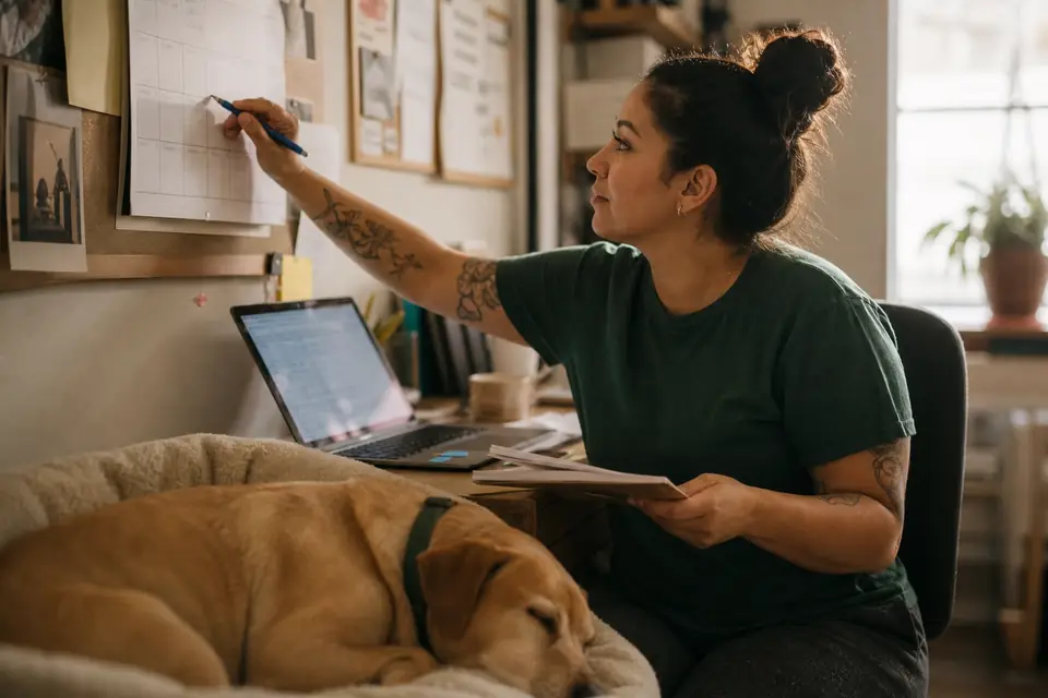 Animal rescue volunteer marking a paper calendar at a desk beside a sleeping dog.