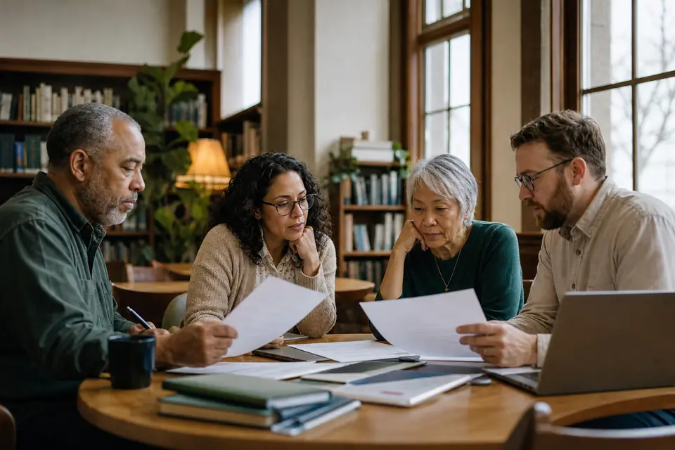 Four nonprofit volunteers review founding documents together at a library meeting room table.