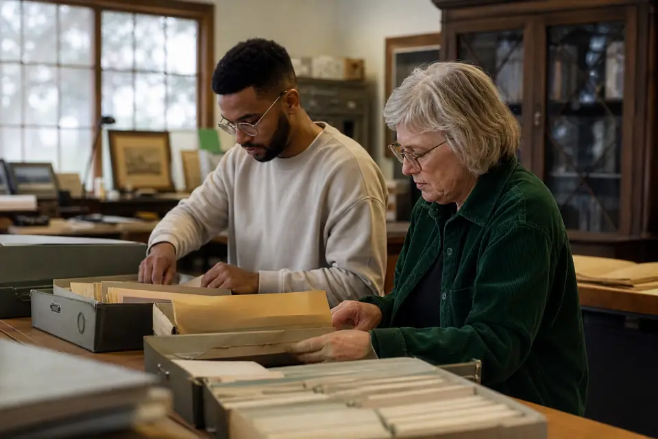 Historical society volunteers sorting old files and mail in an archive room