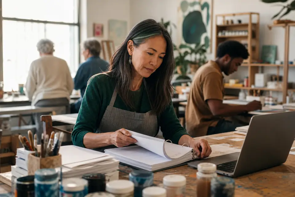 Nonprofit treasurer updating a bylaws binder at a worktable in an arts studio