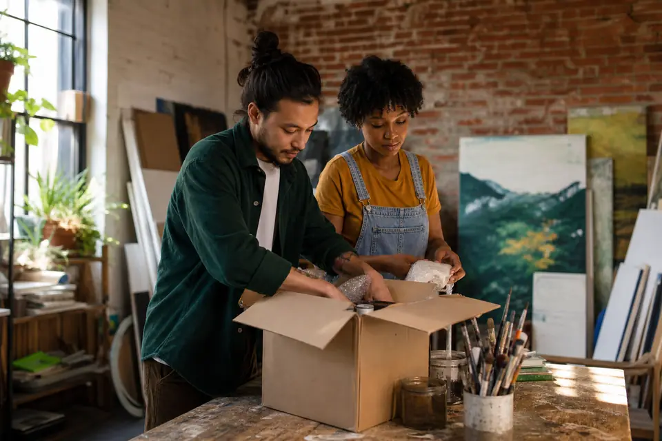 Two organizers unpacking donated art supplies in a small community art studio.
