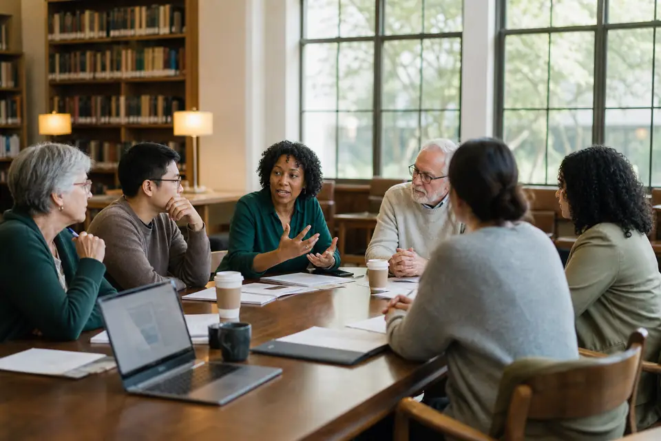 Six nonprofit board members of varied ages talking around a table in a library meeting room.