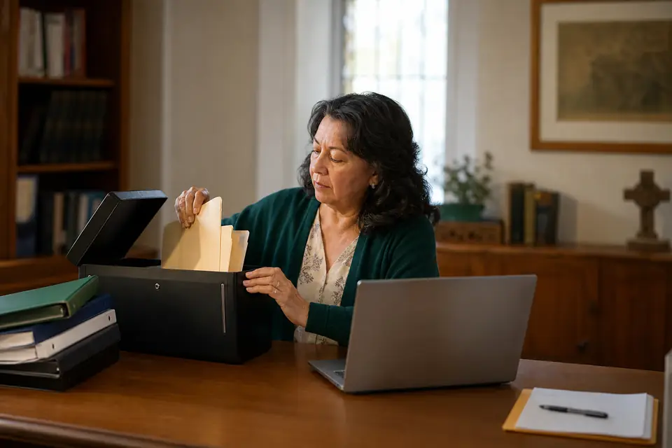 Volunteer treasurer sorting folders into a file box at a church office desk.