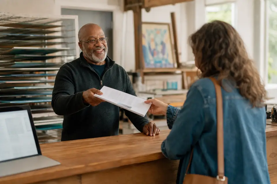 Arts nonprofit staff member handing a visitor a copy of organizational documents