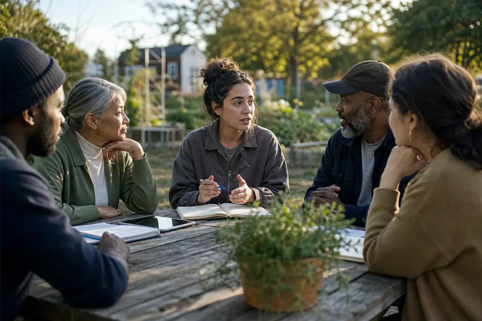 Neighbors gathered at a community garden picnic table discussing how to organize a project.