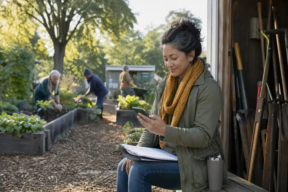 Community garden coordinator checking a calendar on her phone outside a tool shed.