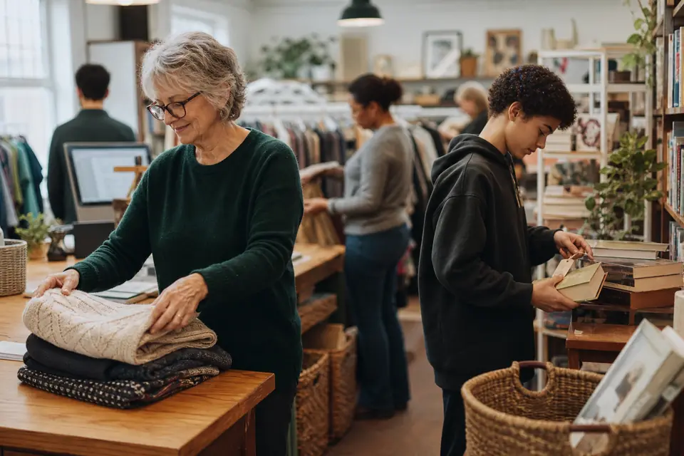 Volunteers sorting and pricing donated clothing and books in a nonprofit thrift shop