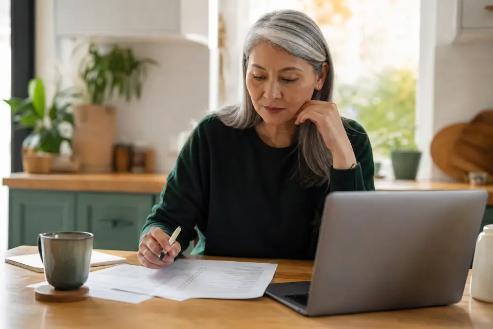 Older woman at a kitchen table working through a checklist on her laptop