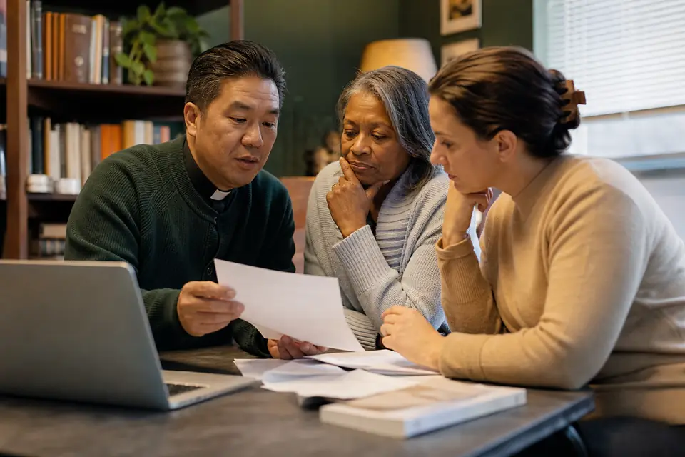 Pastor and two volunteers reviewing paperwork at a table in a church office